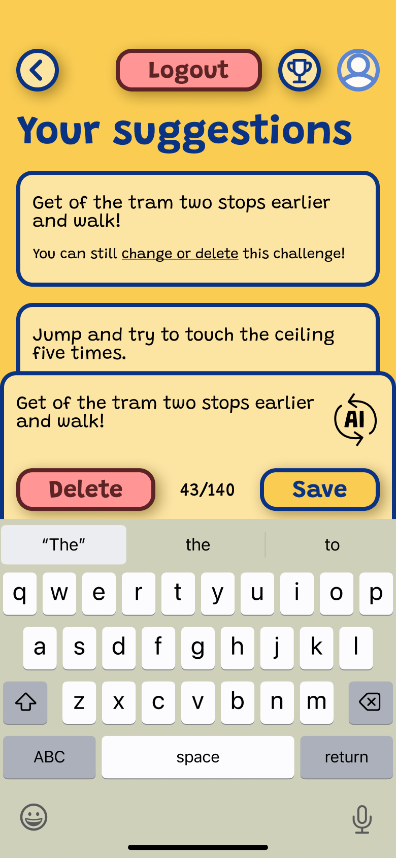 Wellmate profile edit challenge screen